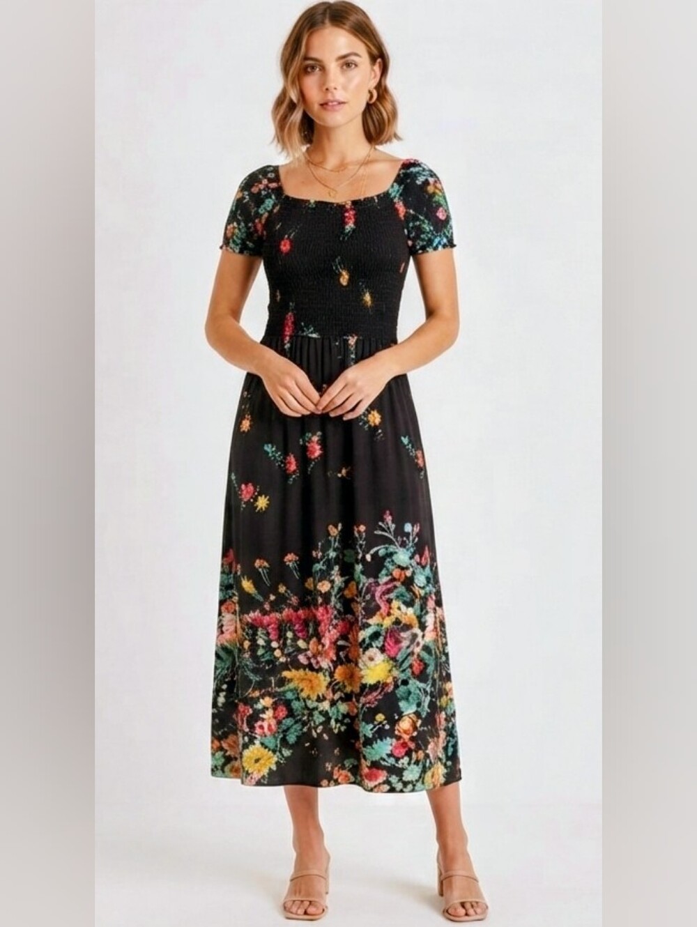 Utter Fashion Black Floral Smocked Maxi Dress Size S M Like New
